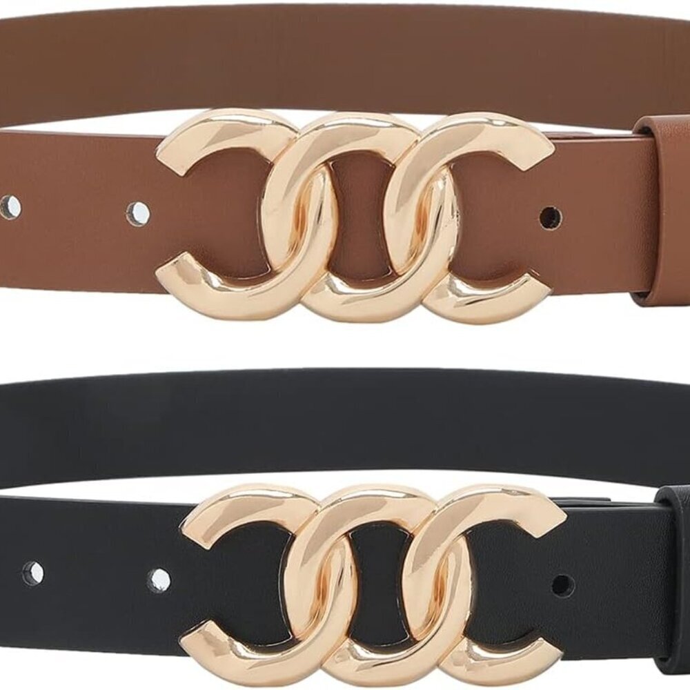 2 Pack Women Belts for Jeans Dresses Fashion Gold Buckle Ladies Waist Belt